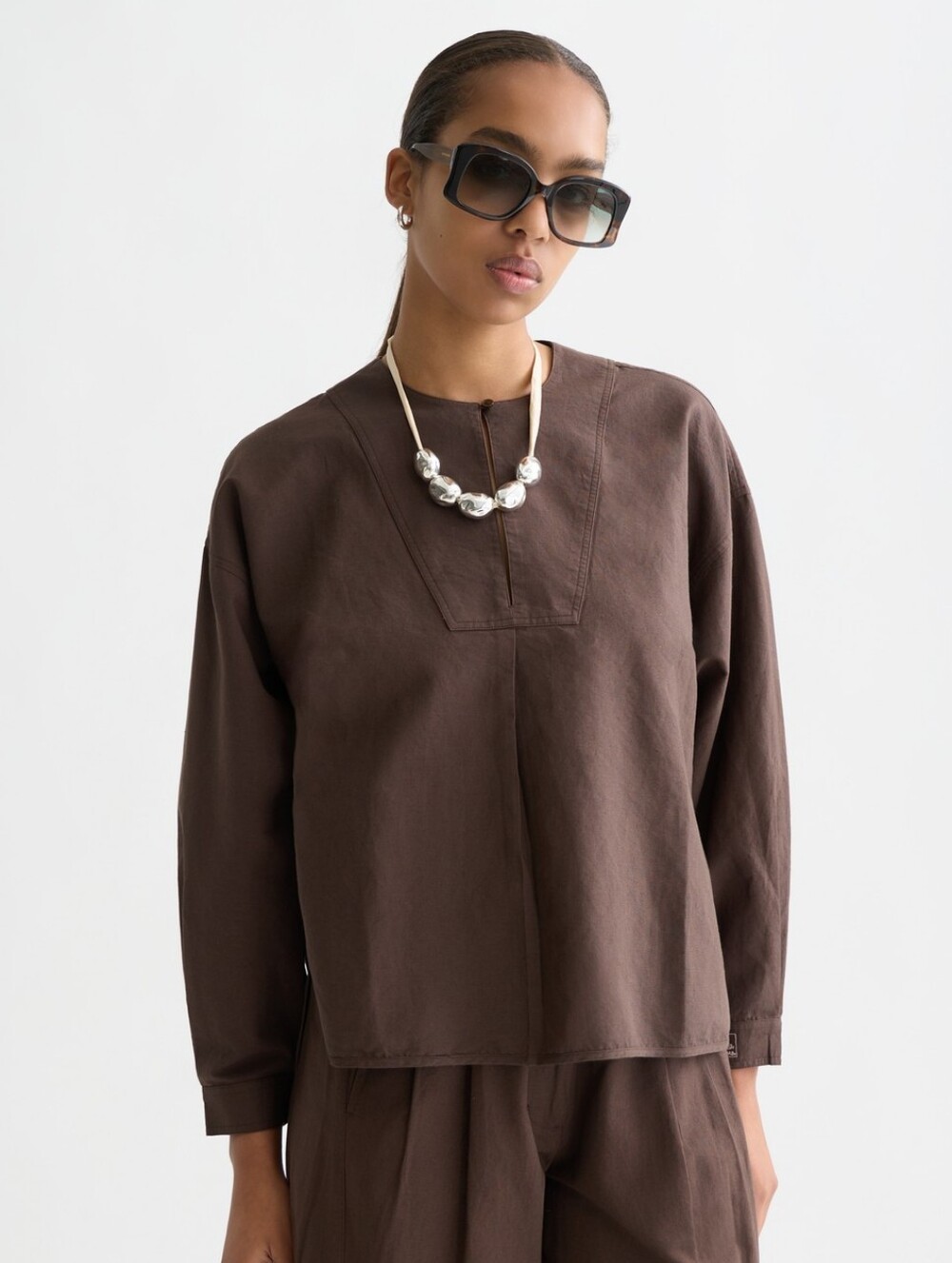 Scotch & Soda Cotton Linen Bib Shirt Brown 42 XL